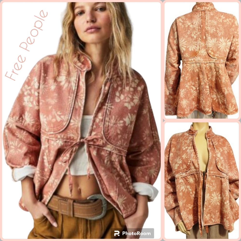 Free People Rust Floral Print Jean Jacket